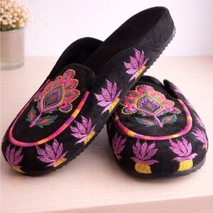 Black Suede Moccasins with Pink Floral Embroidery by